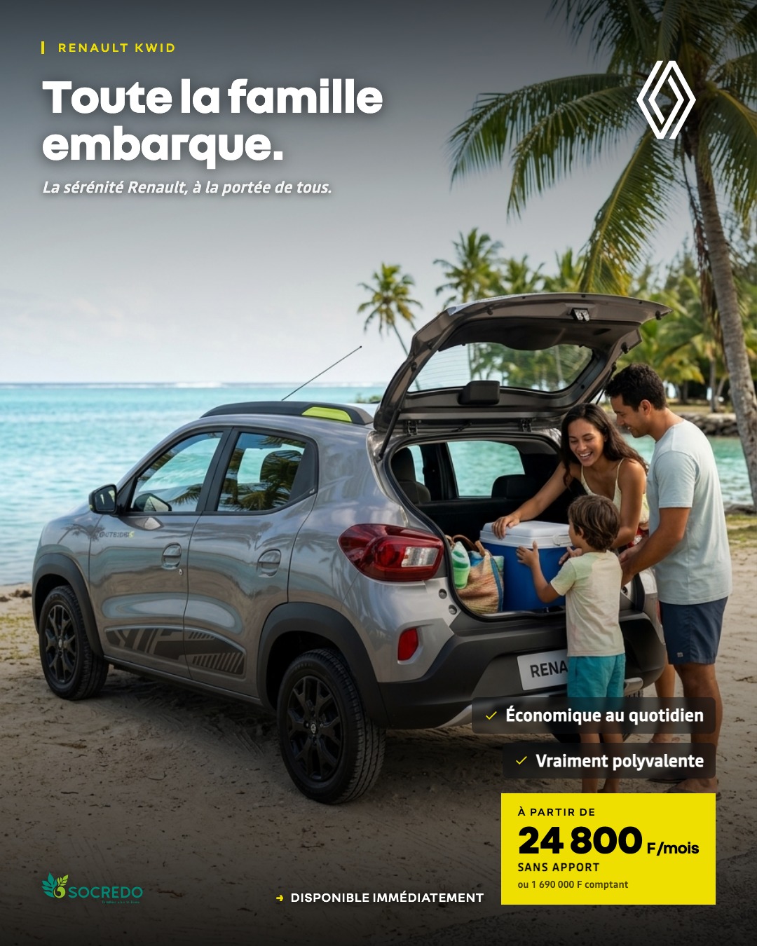 KWID Gris : famille chargeant le coffre a la plage