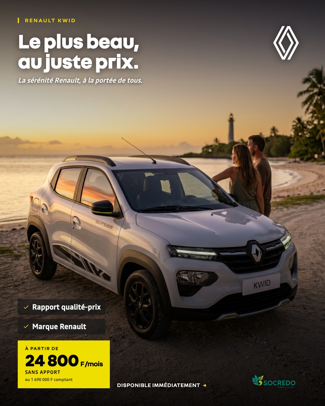 KWID : couple au coucher de soleil, phare et plage