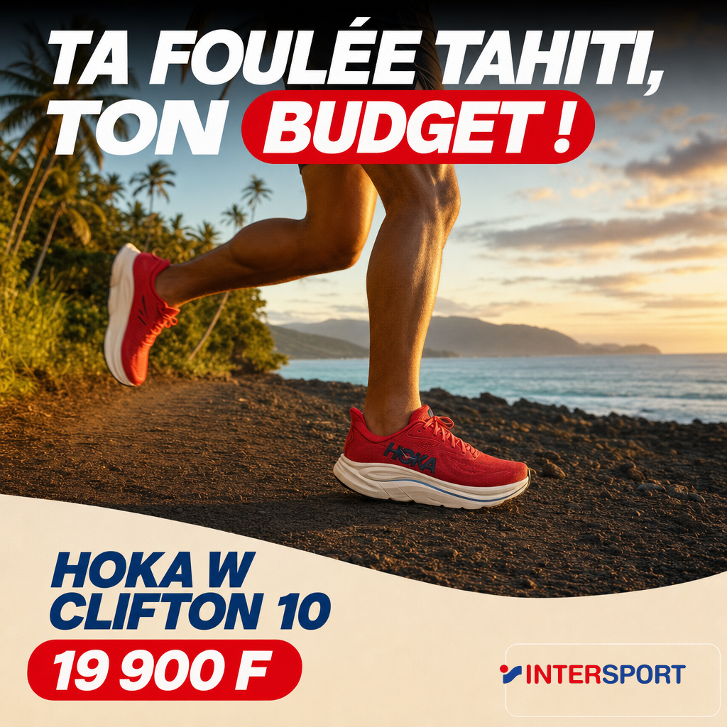 Intersport : Hoka Clifton 10 runner polynesien plage Tahiti golden hour