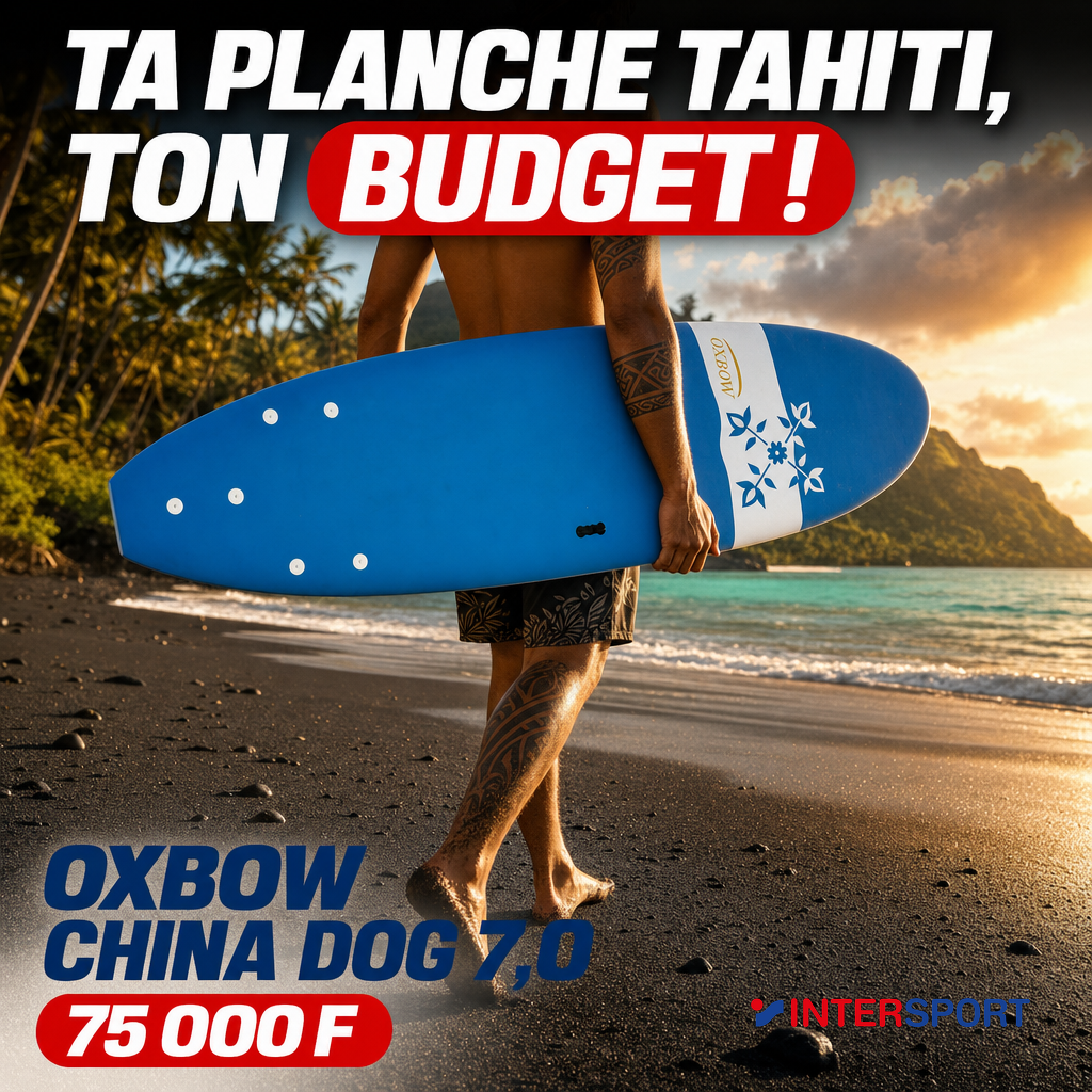Intersport : surfeur polynesien plage Tahiti golden hour