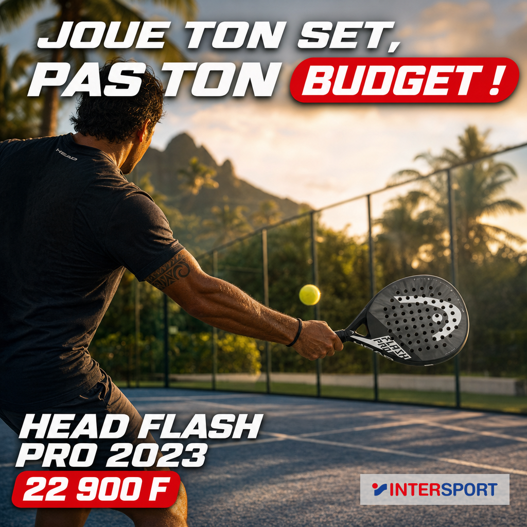Intersport marketing parfait : Head Flash Pro 2023 padel court Tahiti golden hour